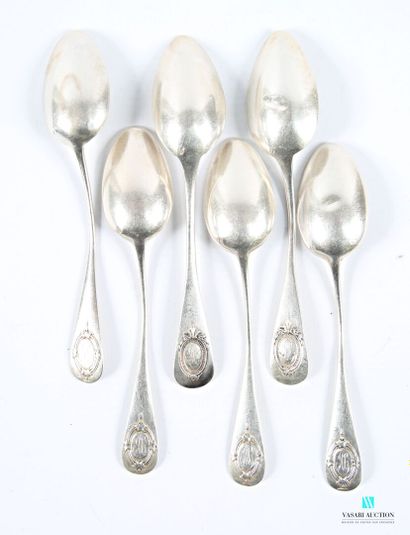 Six cuillères à thé en argent 950 millièmes,...