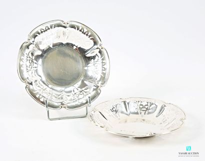 Pair of silver-plated metal dishes, the poly-lobed...