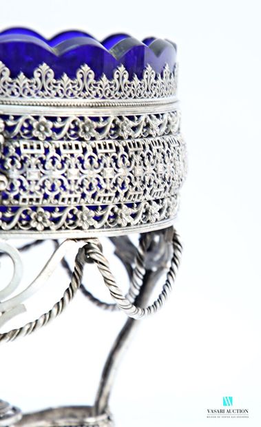 Round silver-plated metal bowl, the openwork...