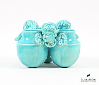 Turquoise-glazed earthenware tripod condiment...