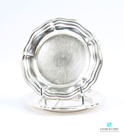 Pair of round silver-plated metal coasters,...