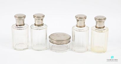 Suite of four cylindrical toilet flasks and...