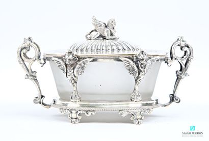 Oval-shaped silver-plated sugar bowl standing...