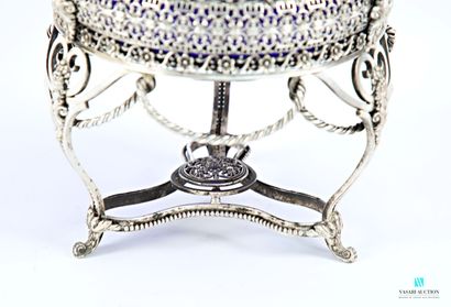 Round silver-plated metal bowl, the openwork...