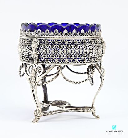 Round silver-plated metal bowl, the openwork...