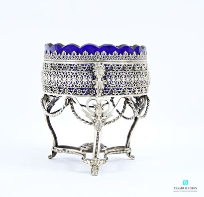 Round silver-plated metal bowl, the openwork...