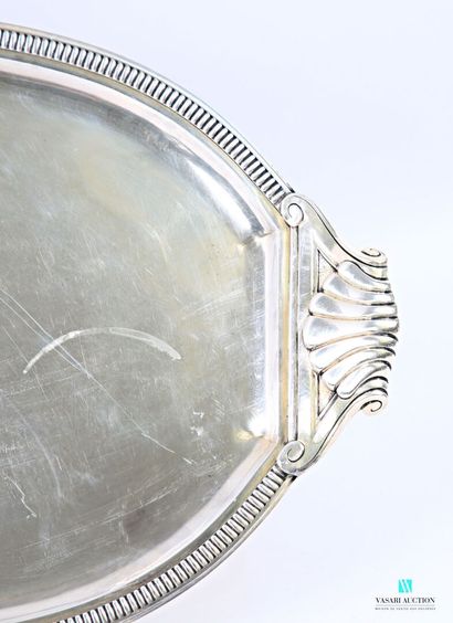 Oblong silver-plated serving tray with gadrooned...
