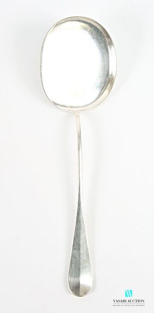 A silver-plated serving spoon with a plain...