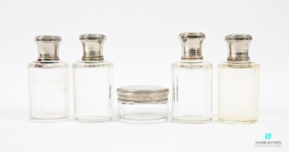 Suite of four cylindrical toilet flasks and...