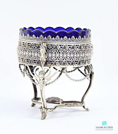 Round silver-plated metal bowl, the openwork...