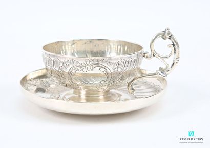 Two silver-plated coffee cups and saucers...