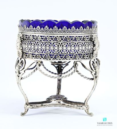 Round silver-plated metal bowl, the openwork...