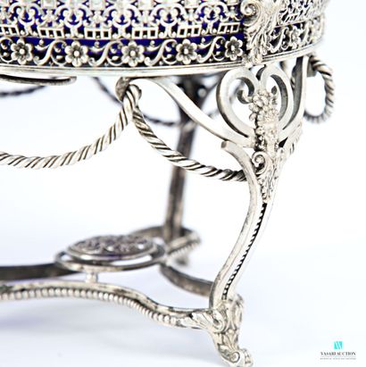 Round silver-plated metal bowl, the openwork...
