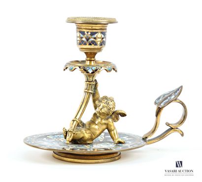 Bougeoir à main en bronze à décor en émaux...