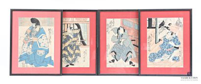 Ensemble de quatre estampes japonaises figurant...