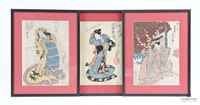 Ensemble de trois estampes japonaises figurant...