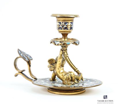 Bougeoir à main en bronze à décor en émaux...