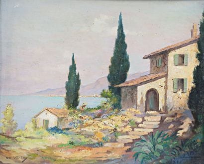 DE VERLAY
Maison aux cyprès en bord de mer
Huile...