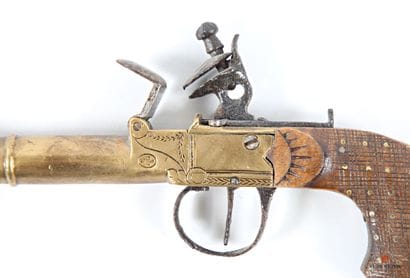 Pistolet de poche à silex, canon bronze avec...