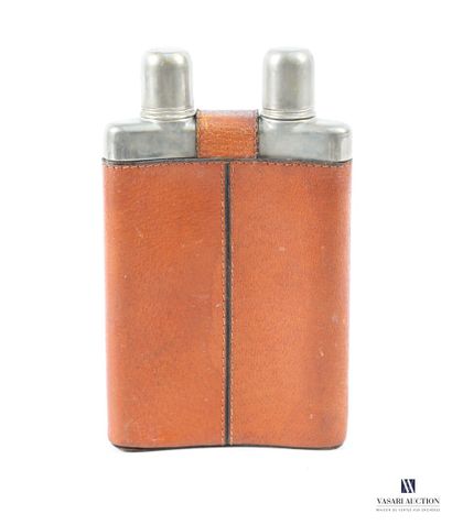 Double-compartment flask with a metal frame,...