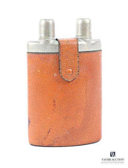 Double-compartment flask with a metal frame,...