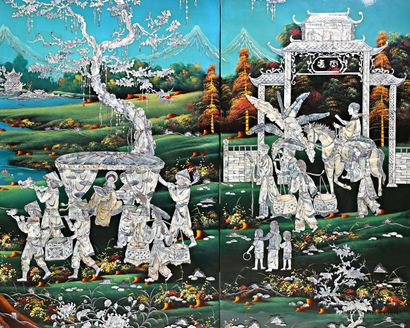 INDOCHINA
Four-part panel in polychrome lacquer...