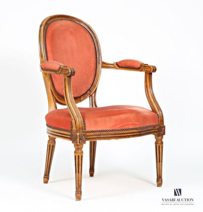 Pair of molded fruitwood armchairs with medallion...
