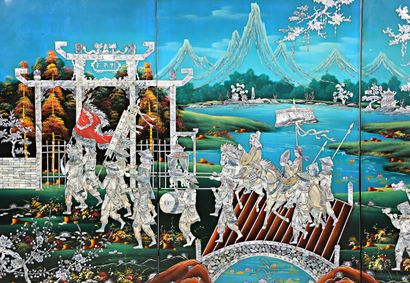 INDOCHINA
Four-part panel in polychrome lacquer...