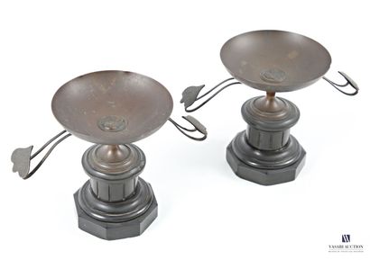 A pair of bronze cassolettes with a brown...