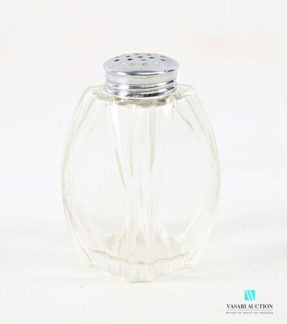 An egg-shaped glass shaker; the stepped body,...