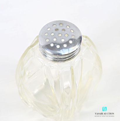 An egg-shaped glass shaker; the stepped body,...