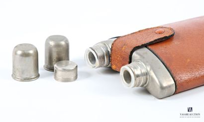Double-compartment flask with a metal frame,...