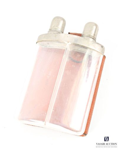 Double-compartment flask with a metal frame,...