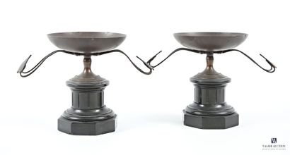 A pair of bronze cassolettes with a brown...