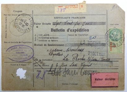 France, 1927: Shipping slip, attractive postage...