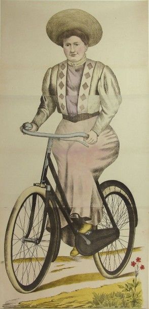 Panneau décoratif montrant une femme à bicyclette....