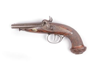 Pistolet à percussion - canon double à

décor...