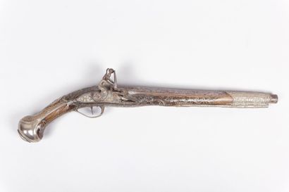 Pistolet à silex niellé fil argent - canon...