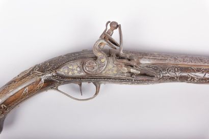 Pistolet à silex niellé fil argent - canon...
