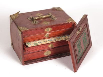 Coffret de jeu de Mahjong en bois teinté,...