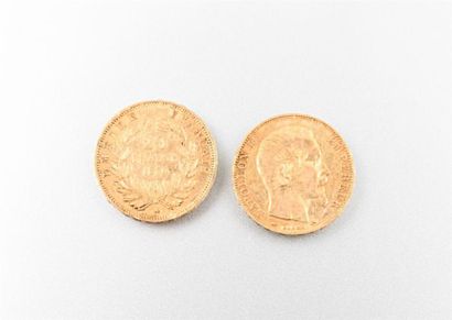 Lot de deux pièces de 20 Frcs or Napoléon...