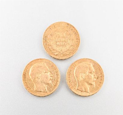 Lot de trois pièces de 20 Frcs or Napoléon...