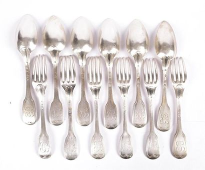 Six couverts de table en argent, les manches...