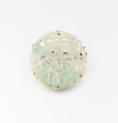 Broche ronde en pierre ornementale verte,...