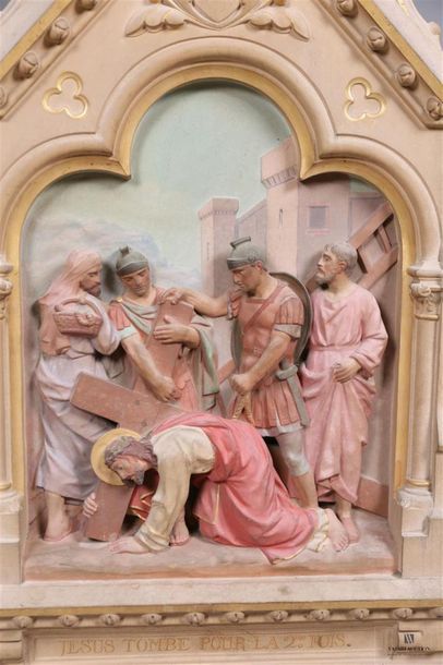 Tableau en terre cuite à décor polychrome...