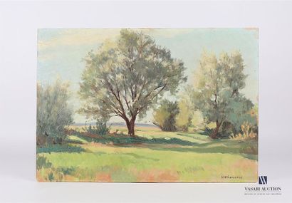 ETHEVENAUX H.
Paysage littoral arboré 
Huile...