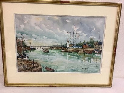 Watercolor depicting the exit from Honfleur...
