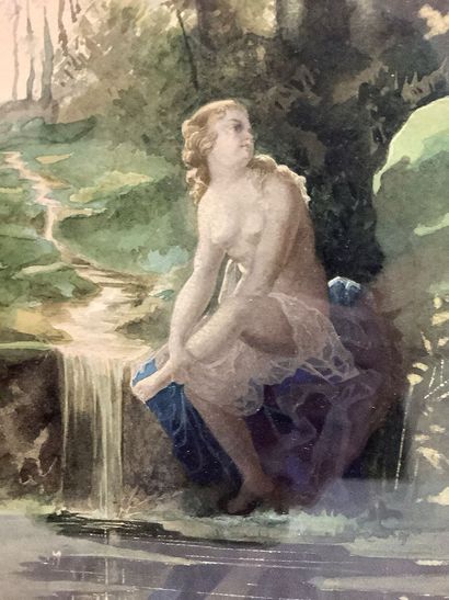 Watercolor ( young girl at a spring ) signed...
