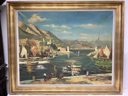 Oil on canvas, port of Monaco in the 30s,...