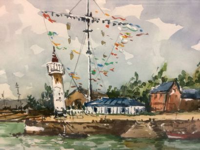 Watercolor depicting the exit from Honfleur...